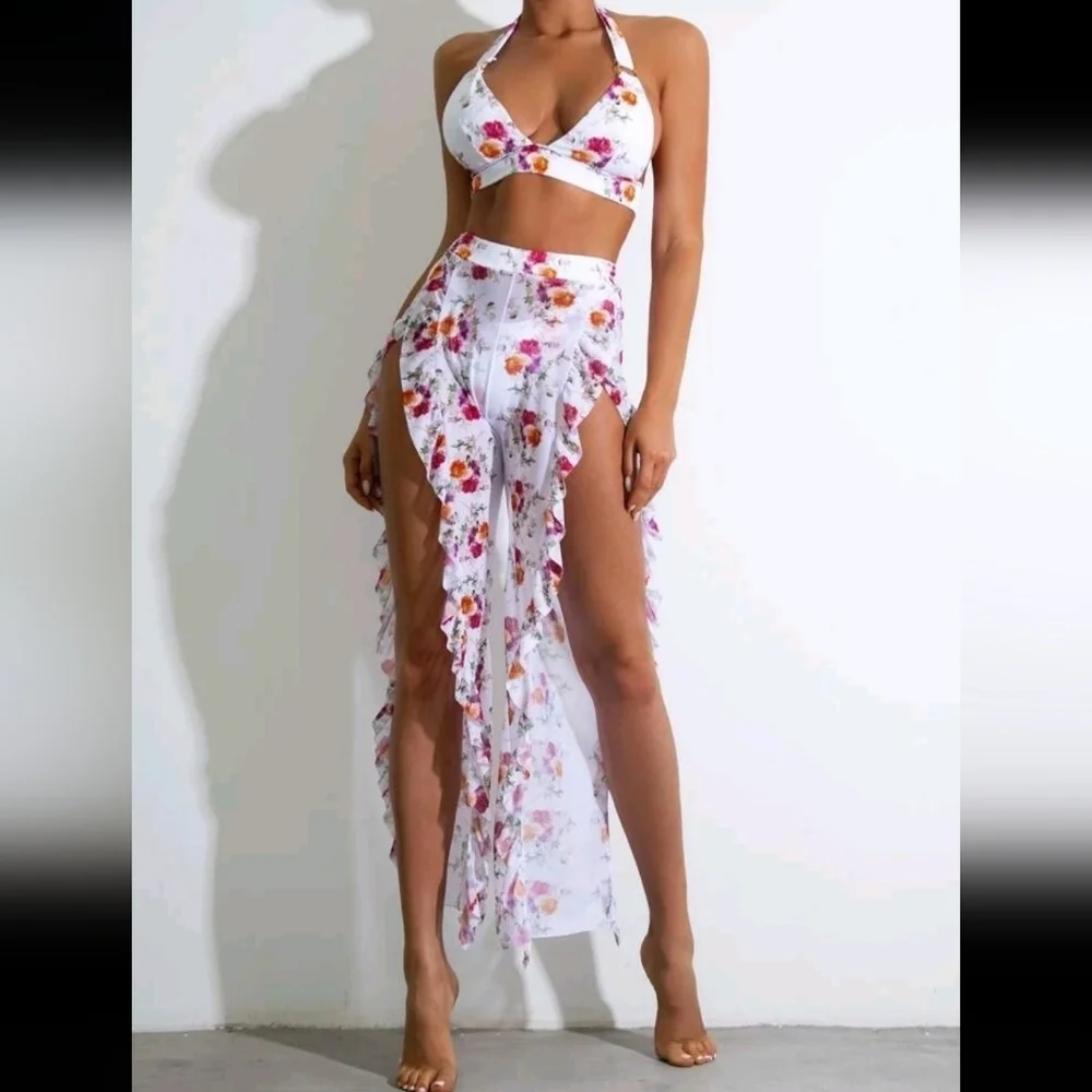 SHEIN Floral Print Bikini with Sheer Skirt